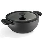 TRAMONTINA TITANEX 30cm / 6.8 L Pre-Seasoned Heritage Cast Iron Deep Kadai with Toughened Glass Lid | Snap-On Silicone Grips | Kadhai for Curry | Gas/Induction Cookware | Life-Time Warranty