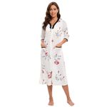 Verve Jelly Women's Zip Up Housecoat Soft Bathrobe Half Sleeve Sleepwear Full Length Floral Loungewear with 2 Pockets White L