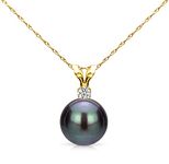 14k Yellow Gold 7-7.5mm Round Black Freshwater Cultured Pearl Bunny Pendant .01ctw Diamond, 18"