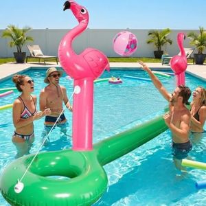 Giant Inflatable Flamingo Volleyball Net Set w/Ball - 12 ft Long, Durable PVC Material - Perfect for Outdoor Backyard Swimming Pool Parties w/Family Friends Kids- Fun Summer Water Float, Gift