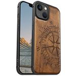 Carveit Magnetic Wood Case for iPhone 13 Case [Hard Real Wood & Soft TPU] Shockproof Hybrid Protective Cover Unique & Classy Wooden Case Compatible with Mag Safe (Vintage Compass Carving-Walnut)