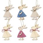 6 Pcs Easter Wooden Bunny Hanging Ornaments, Rabbit Cutouts Cute DIY Craft Accessory,Easter Bunny Pendant Decor Crafts for Party Home Garden Tree Decorations Gift Tags