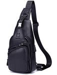 BULLCAPTAIN Leather Men Sling Bag Casual Crossbody Chest Bags Travel Daypack (Black)