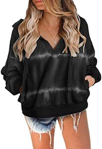 Biucly 2020 Womens Tie Dye Hoodie Cropped Hoodie V Neck Drawstring Pullover Sweatshirt Fall Black Hoodies with Pockets Crop Tops for Women Teen Girls Winter Clothes Small