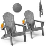 Plawdlik Folding Adirondack Chair Set of 2,SGS Tested,Wooden Textured with Cup Holder,Widened Heavy All-Weather HDPE Comfortable Seating for Ourdoor Grey