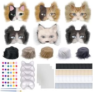 SENONAPO 36 Pcs DIY Therian Mask Kit Blank Cat Mask with Felt Fabric Sheet Plush Faux Fur Eye Mesh for Therian Gear Party Cosplay Supplies