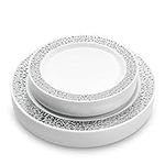 MATANA 80 Premium White Plastic Plates with Silver Lace Rim - 40 26cm Dinner Plates, 40 19cm Dessert Plates - Elegant & Reusable Party Tableware for Weddings, Birthdays, BBQ, Parties