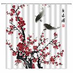 Jingjiji Asian Decor Shower Curtain Red Plum Blossom Bloom Trees Branch Koi Tradition Antique Japanese Ink Painting Art Abstract Natural Bathroom Decoration Polyester Fabric with Hook 70 x 70 Inch