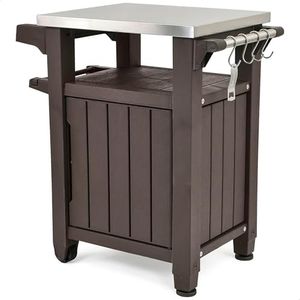 Keter Outdoor Grill Prep & Serving Cart, Stainless Steel Top, 68-Gal, Brown