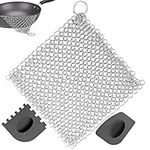 ZHOUSTOU Chainmail Scrubber Cast Iron Cleaner Stainless Steel Chain Mail Scourer with 2pcs Plastic Pan Grill Scrapers for Skillets Griddles Pans Grills & Dutch Ovens(17.8 x 17.8 cm)