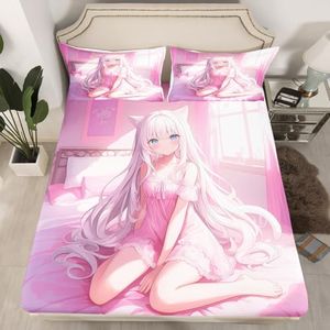 Erosebridal Queen Size Japanese Anime Fitted Sheet for Kids, Anime Girl Bedding Set Kawaii Japanese Style Bed Sheets Cartoon Japan Animation Bed Set for Boys Teen Adult Women Bedroom,Pink