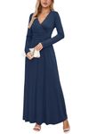 OUGES Women's Fall Long Sleeve Wrap V-Neck Maxi Dress Casual Winter Long Holiday Party Dresses with Pockets(Navy,Medium)