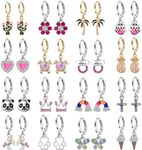 Aganippe 12/16 Pairs Hypoallergenic Acrylic Dangle Hoop Earrings Cute Multiple Colour Fox Flower Flag Panda Pineapple Beetle Fruits Food Cartoon Dangle Hoop Earrings for Little Girls Women, Metal, No