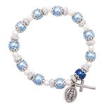 Rosemarie Collections Women's Simulated Pearl Beaded Stretch Rosary Bracelet with Crucifix and Miraculous Medal, o, Glass