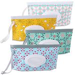 Pack of 4 Wet Wipes Bag for Babies, Wet Wipes Bag for On The Go, Reusable Wet Wipe Bag, Baby Wipe Dispenser, Wet Wipe Bag for Babies Portable (Flowers)