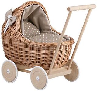 Natural Wicker Dolls Pram Vintage Dolls Pushchairs on Wooden Wheels Pram for Dolls Handmade Toy Buggy Baby Doll Stroller Retro Style Doll Pram with Beige Bedding e-wicker24 (Beige)
