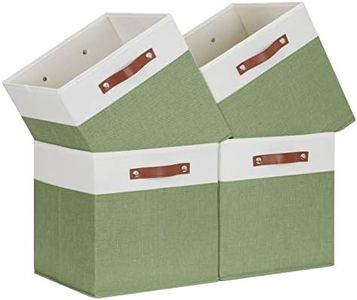 Temary 13 Inch Cube Storage Bin 4 Pack Fabric Storage Cubes Fabric Storage Bin for Shelf, Cube Storage Basket with Leather Handles(White&Green)