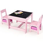 KOTEK Kids Wood Table and 2 Chairs Set with Blackboard & Storage Space, Children Multi Activity Table for Toddlers Learning, Playing, Drawing, 3-in-1 Toddler Art Crafts Desk and Chairs Set (Pink)