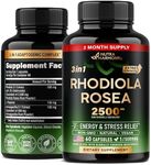 Rhodiola Rosea Supplement 2500mg - with Ashwagandha & L-Theanine - Stress Relief, Energy Boost & Mood Support - Rhodiola Extract 5:1 | 3% Salidroside - for Men & Women - 2 Month Supply, 60 Capsules