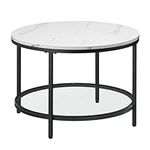 VASAGLE Coffee Table, Living Room Table, Sofa Cocktail Table Faux Marble Round, Tempered Glass Storage Shelf, Easy to Assemble, Modern Style, for Living Room, Marble White and Ink Black LCT072W13