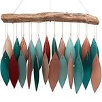 Blue Handworks Coral and Teal Glass & Driftwood Chime, Sandblasted Glass and Found Wood Handcrafted Wind Chime