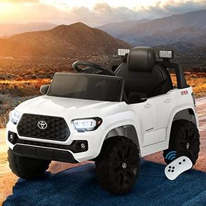 Toyota Kids Ride on Car Jeep, Licensed Tacoma Remote Control 12V Battery Horn Headlight Built-in Music 30kg Capacity Safety Seat Belt Electric Cars for Toddlers Baby Walkers Little Tikes Kid Toy White