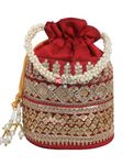 Milan's Creation Raw-Silk Designer Potli Bag for women with Golden Embroidery and Pearl Handle Tassel (Maroon)