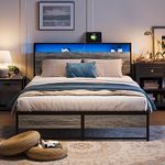 LINSY Full Bed Frame with Storage, Ergonomic Headboard, 14 inch Fast Assembly Metal Bed with Lights, Outlets & USB, Full Size, Noise Free, No Box Spring Needed, Greige