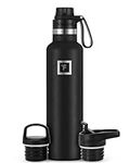 IRON °FLASK Sports Water Bottle - 710 ml, 3 Lids (Spout Lid), Vacuum Insulated Stainless Steel, Hot Cold, Double Walled, Thermo Mug, Standard Metal Canteen (Midnight Black)