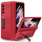 Ruky for Galaxy Z Fold 3 Case with Hinge Protection, Full Body Case with Built-in Magnetic Kickstand & Screen Protector PU Leather Protective Stand Phone Case for Samsung Galaxy Z Fold 3 5G, Red