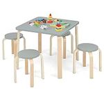 COSTWAY 5-Piece Kids Table and Chair Sets, Children Study Desk with 4 Round Chairs, Toddler Activity Furniture for Kid’s Room, Play Room, Kindergarten (Grey+ Natural)