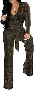 LightlyKiss Women Casual Sexy V Neck Spangly Jumpsuits Long Sleeve Onesie Loose Pants Party Clubwear with Belt - Gold - Medium