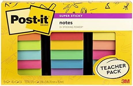 Post-it® Super Sticky Notes Teacher Pack, Assorted Colors, 3 in. x 3 in., 15 Pads/Pack, 45 Sheets/Pad