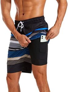difficort Mens Swim Trunks with Compression Liner Quick Dry Bathing Suits Shorts with Zipper Pockets,Black & Blue & White Stripe,Medium