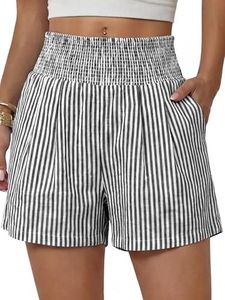 ANRABESS Women High Waisted Shorts, Striped & Gingham Lounge Pajama Beach Shorts with Pockets, Cute and Casual for Daily Wear Black White Stripe X-Large