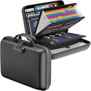 Quintin Fireproof File Organizer with Lock, Hard-Shell Case Fireproof Document Box with 13 Pocket Accordion File Folder, Portable Home Office Travel Safe Storage for Important Documents (Black B)