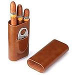 3-Finger Brown Leather Humidors Handmade Cedar Wood Lined Cigar Box Humidor with Silver Stainless Cigar Cutter