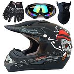 Motocross Helmet, Kids &Youth Trend Skull Full Face Protective Helmet,ATV Motorcycle Helmet ,Dirt Bike Downhill Off-Road Mountain Bike Helmet,DOT Certified,4-Piece Set ,Matte Black,S