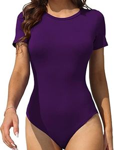 LAOLASI Crew Neck short sleeves Slim Fit Casual Basic Extender Bodysuit Daily Jumpsuit T Shirts for Women, Purple, Large