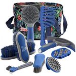 Harrison Howard Horse Grooming Kit 9-Piece Equine Care Series Horse Brush Sets with Organizer Tote Bag Tack Room Supplies Shedding Grooming Massaging Tools Deep Blue