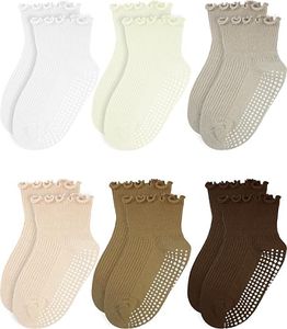 Sooneeya Baby Infant Ruffle Socks Girls Frilly Ankle Sock with Grippers | Comfy, Cotton, Cute, 0-12M 6 Pairs White Beige Orange Khaki Deep Khaki Brown