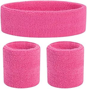 OnUpgo Kids Sweatbands Headband Wristband Set - Athletic Cotton Sweat Band for Sports (1 Headband + 2 Wristbands), Pink