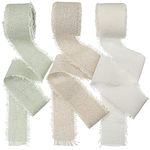 3 Rolls Sage Linen Ribbon for Gift Wrapping Cotton Ribbon Handmade Silk Ribbon with 1.5 Inch x 5 Yard Fringe Frayed Fabric Cloth for Wedding Gift Wrapping DIY Art Craft Supplies(Classic)