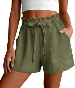 PRETTYGARDEN Summer Shorts for Women Casual Ruffle Drawstring High Waist Wide Leg Comfy Lounge Shorts Beach Vacation Cruise Outfits(Army Green,L)