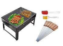 Inditradition Popular Combo Portable Charcoal Barbeque Grill With 12 Skewers, Oil Brush & Spatula (Metal, Black), Free Standing