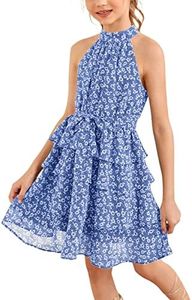 Imily Bela Girls,Little kid Floral Ruffle Dress Halter Neck Kids Chiffon Summer Party Dress with Belt Blue