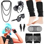 19Pcs 80s Fancy Neon Costume Accessories For Women Girls, 1980s Retro Fancy Outfit Party Dress with Bead Necklaces Colorful Bracelets Lace Bow Headband Fishnet Glove Earrings For Hen Do Party Black