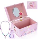 hombrima Music Jewellery Box with Necklace Bracelet, Musical Jewelry Storage Case with Spinning Ballerina Gift Set for Kids Girls Children Daughter (Pink-PKBL2301)