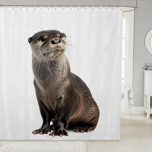 Kids Otter Shower Curtain Cute Zoo Animal Bathroom Shower Curtain Set for Girls Boys Lovely 3D Wildlife Bath Curtain White Brown Waterproof Curtain Stalls Bathtubs Decor 72"x72"