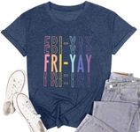 Happy Fri-Yay Day Shirt Funny Teacher Shirt Cute Friday T-Shirt Back to School Tee Tops Weekend Top Casual Student Tee, Blue, Medium